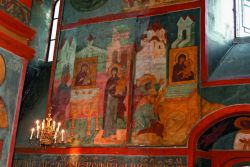 Апостол Лука пишет икону Богоматери. Поклонение иконе Богоматери. Роспись Смоленского собора Новодевичьего монастыря. 1598 г.