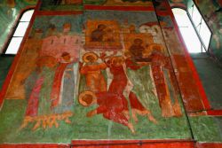 Чудо от Нерукотворенной иконы Богоматери. Патриарх Герман заказывает список с иконы. Роспись Смоленского собора Новодевичьего монастыря. 1598 г.